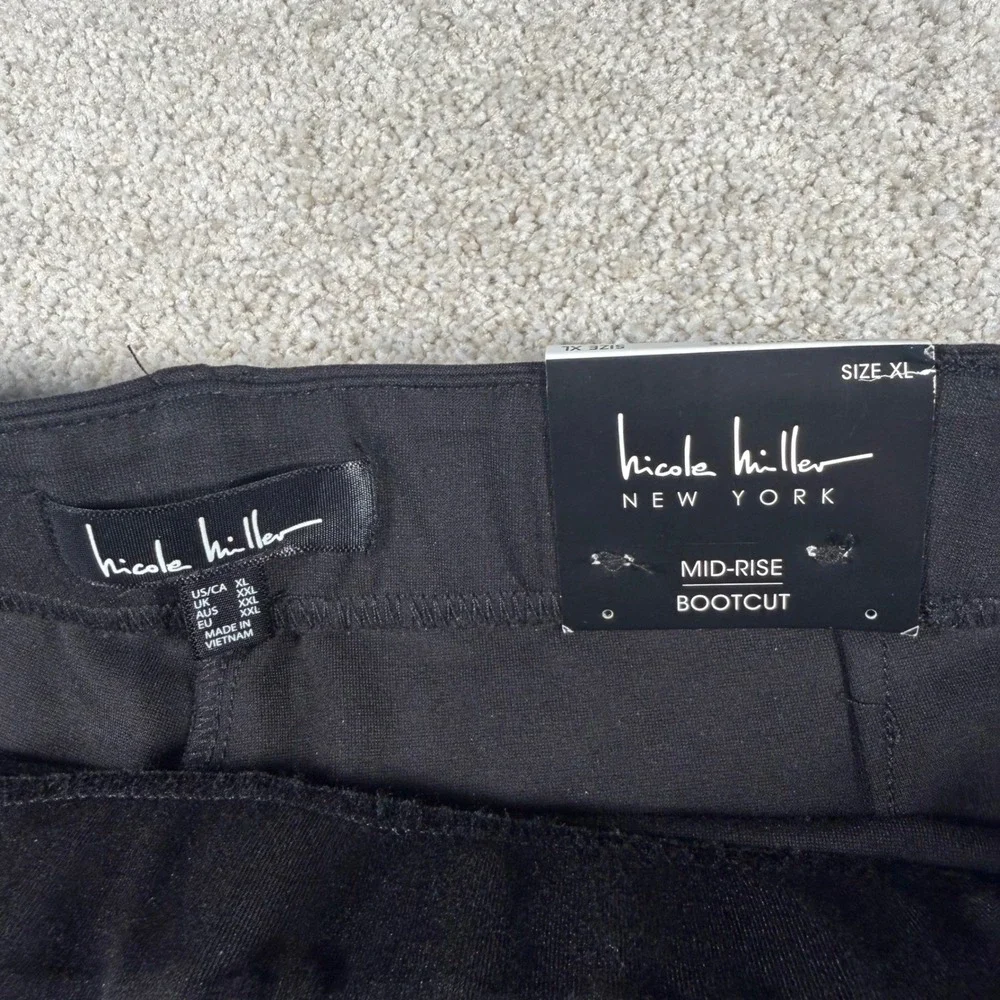 Nicole Miller‎ Bootcut Pants Women XL Black Mid-Rise Belted Front Seam NEW